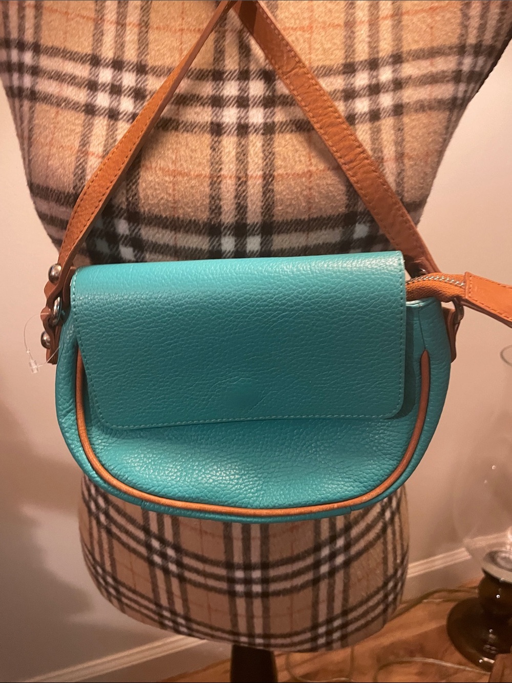 Valentina Turquoise Leather Crossbody Bag with Tan Accents